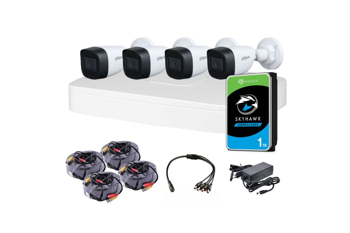 Комплект відеоспостереження для вулиці 2 Мп: відеореєстратор DH-XVR4104C-I, 4 камери DH-HAC-HFW1200CP (2.8 мм), жорсткий диск, блок живлення, розгалуджувач живлення, 4 BNC-power кабелі